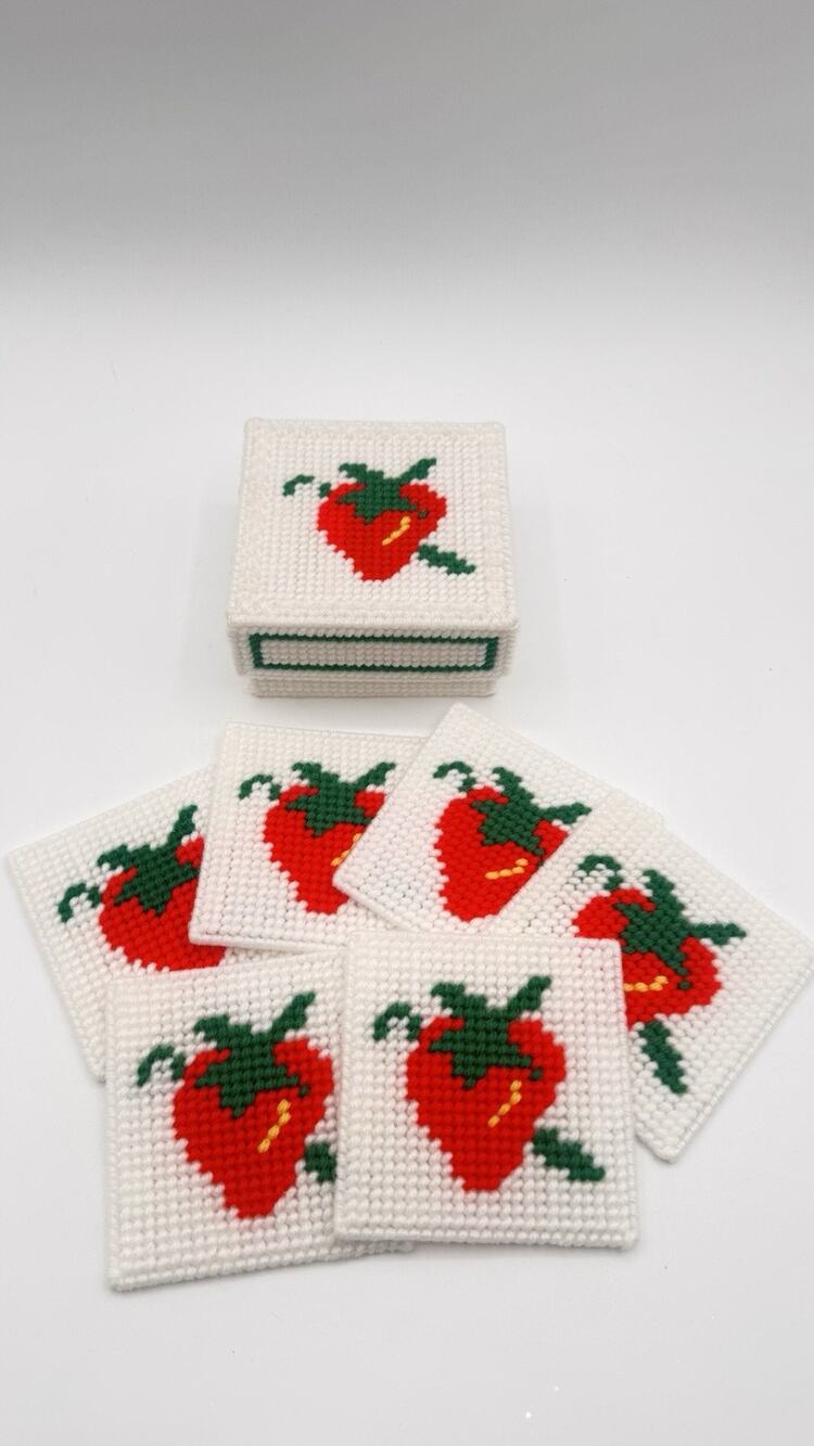 Vintage Plastic Canvas Needlepoint Strawberry Coaster Set 6 Granny Core Handmade